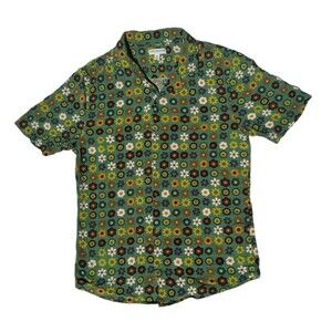 Earthbound Mini Flower Camp Button Front Short Sleeve Shirt Green Multi Sz Small